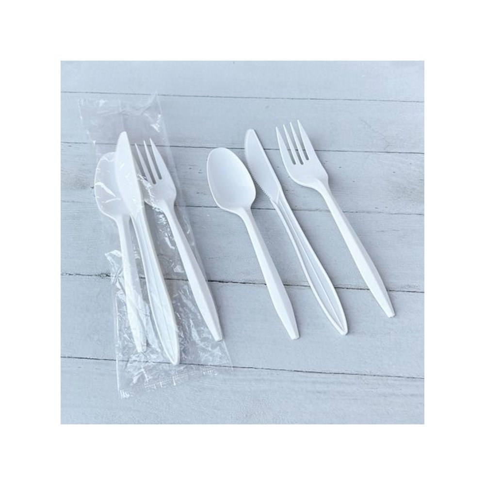 Three-Piece Polystyrene Cutlery Kit, Mediumweight, Fork/Knife/Spoon, Plastic, White, 250/Carton. Picture 6