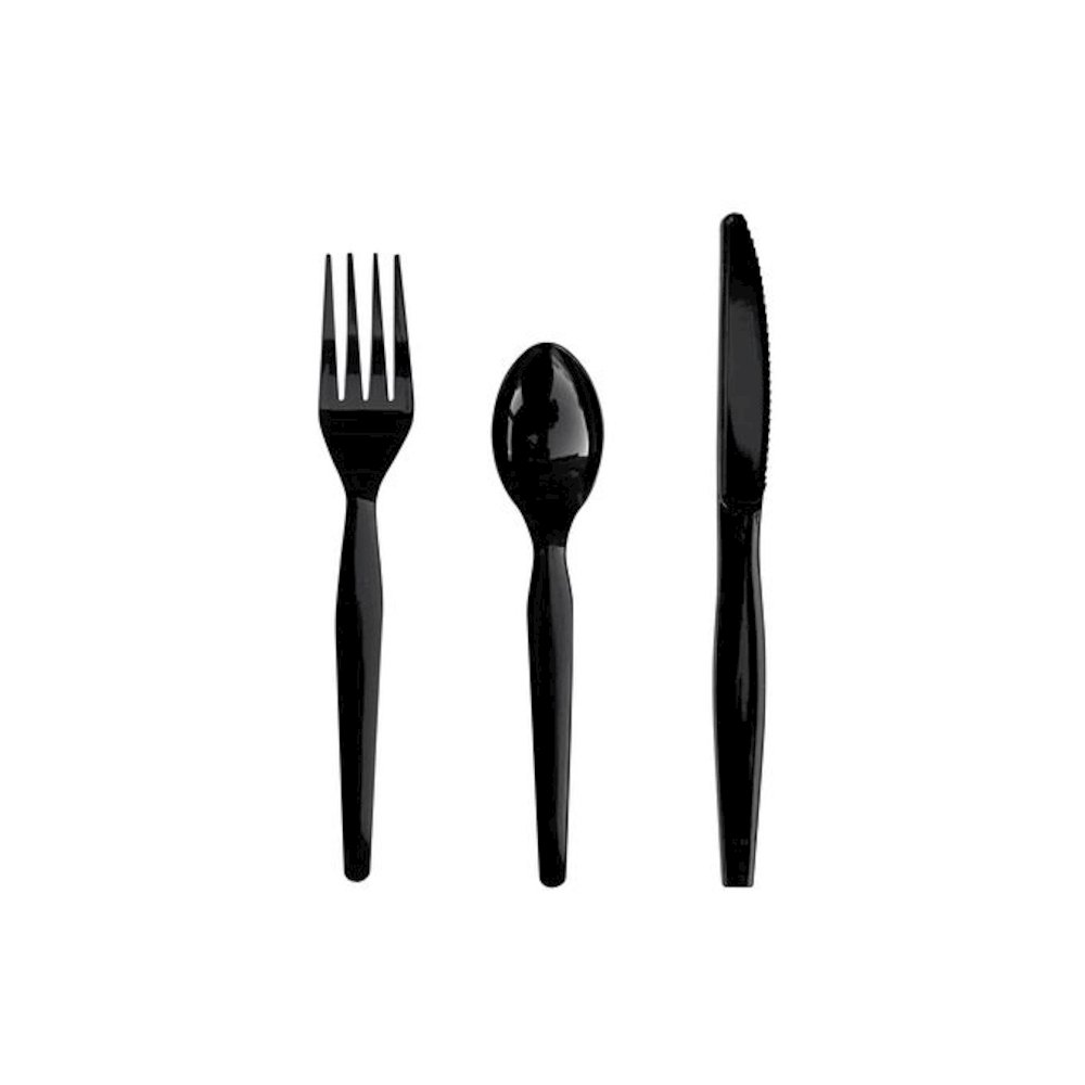Three-Piece Polystyrene Cutlery Kit, Heavyweight, Fork/Knife/Spoon, Plastic, Black, 250/Carton. Picture 2