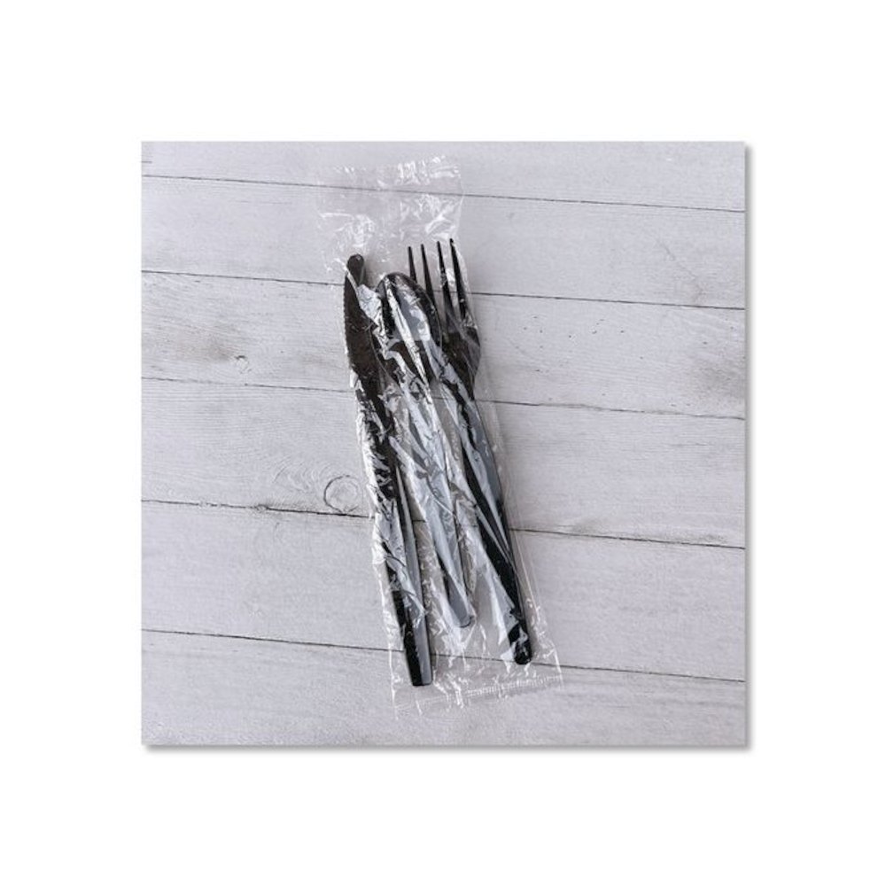Three-Piece Polystyrene Cutlery Kit, Heavyweight, Fork/Knife/Spoon, Plastic, Black, 250/Carton. Picture 6