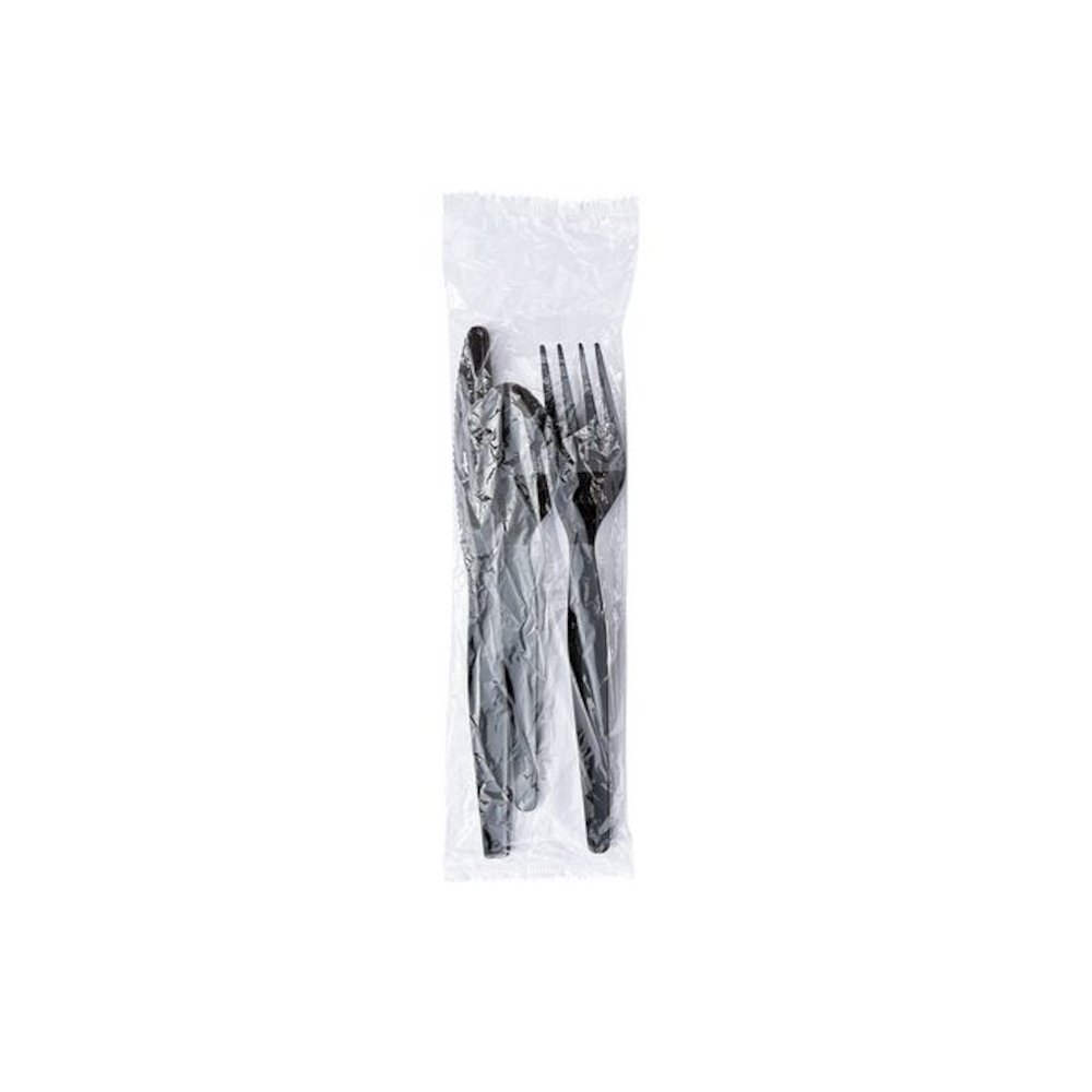 Three-Piece Polystyrene Cutlery Kit, Heavyweight, Fork/Knife/Spoon, Plastic, Black, 250/Carton. Picture 5