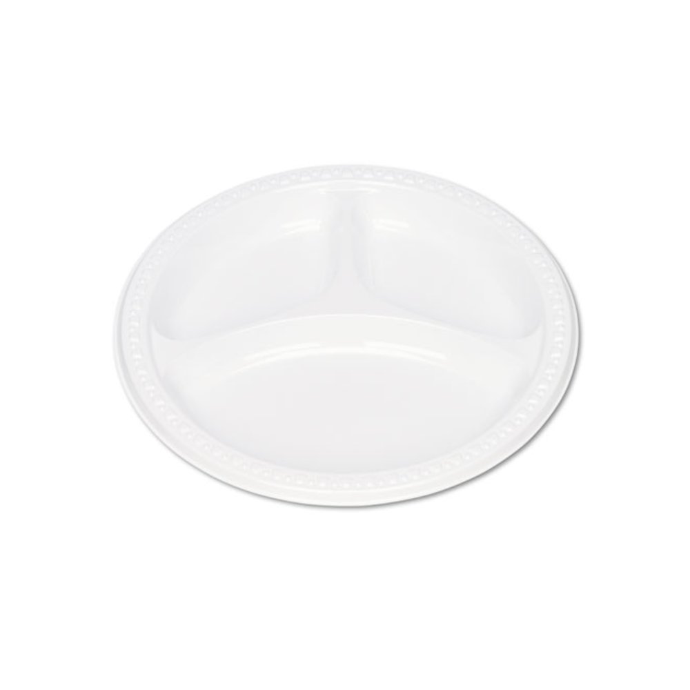 Plastic Dinnerware, 3-Compartment Plates, 9" dia, White, 125/Pack. Picture 1