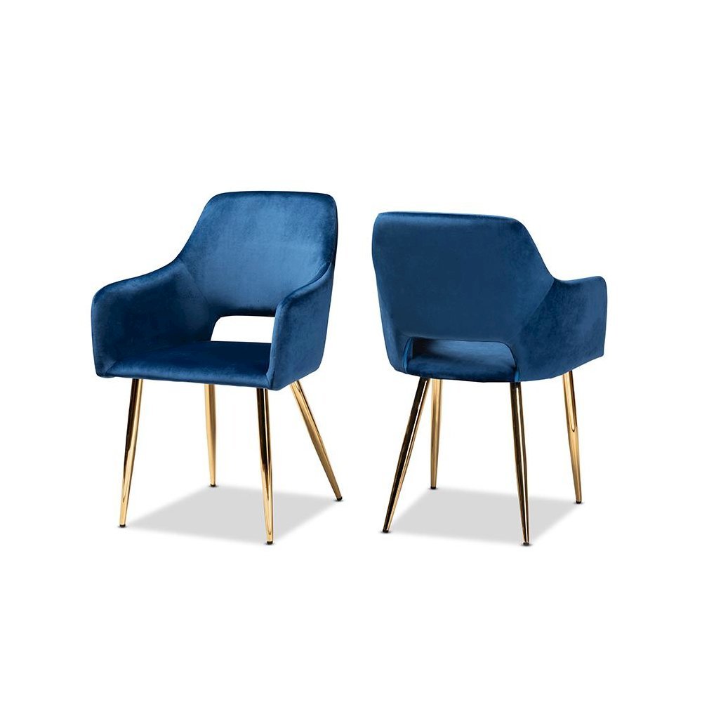 Polyester Upholstered Metal Dining Chairs, Navy Blue/Gold, Set of 2. Picture 1
