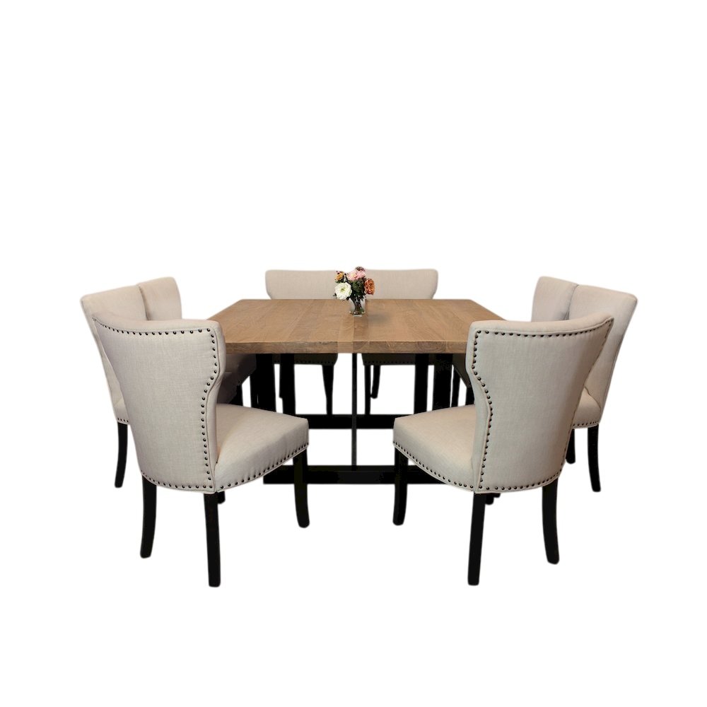 9-Piece Dining Set 8 Jill Dining Chairs in Ivory Fabric Antique Brown Legs. Picture 1