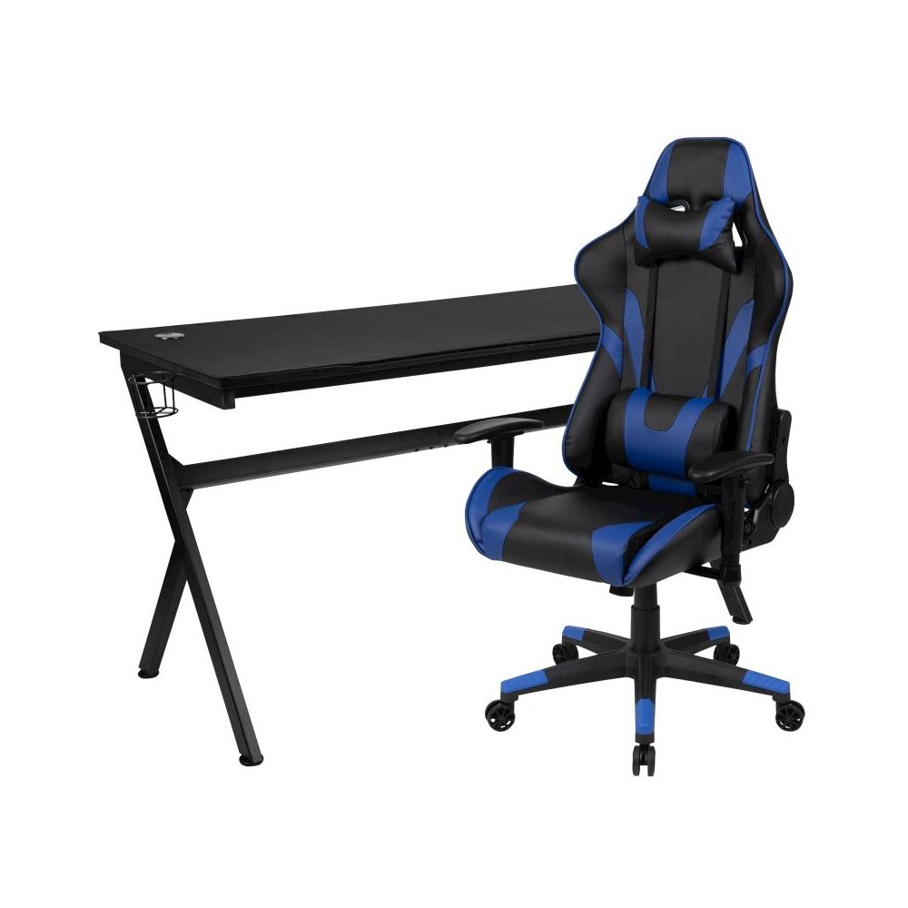 Gaming Desk and Blue/Black Reclining Gaming Chair Set /Cup Holder/Headphone Hook/Removable Mouse Pad Top - Wire Management. Picture 1