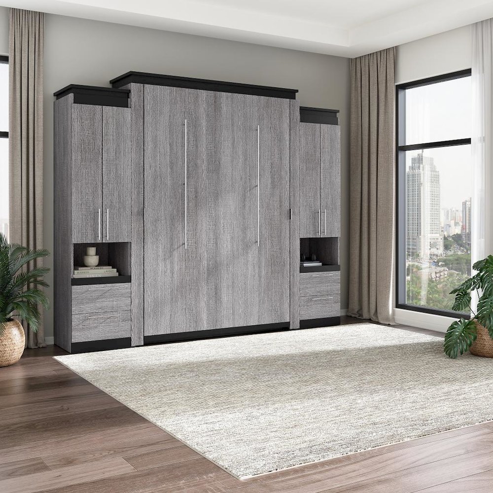 Orion Queen Murphy Bed with Storage Cabinets and Pull-Out Shelves (106W). Picture 14