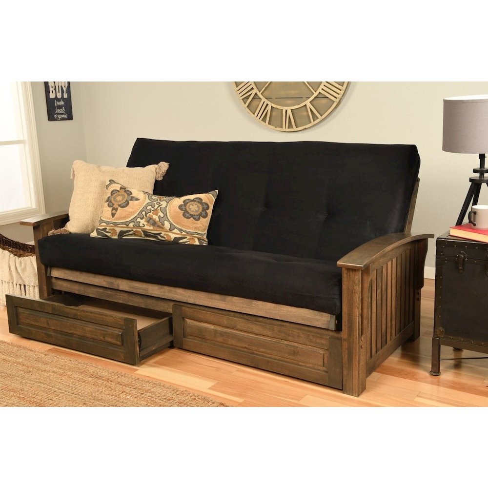 Washington Frame-Rustic Walnut Finish-Suede Black Mattress-Storage Drawers. Picture 2