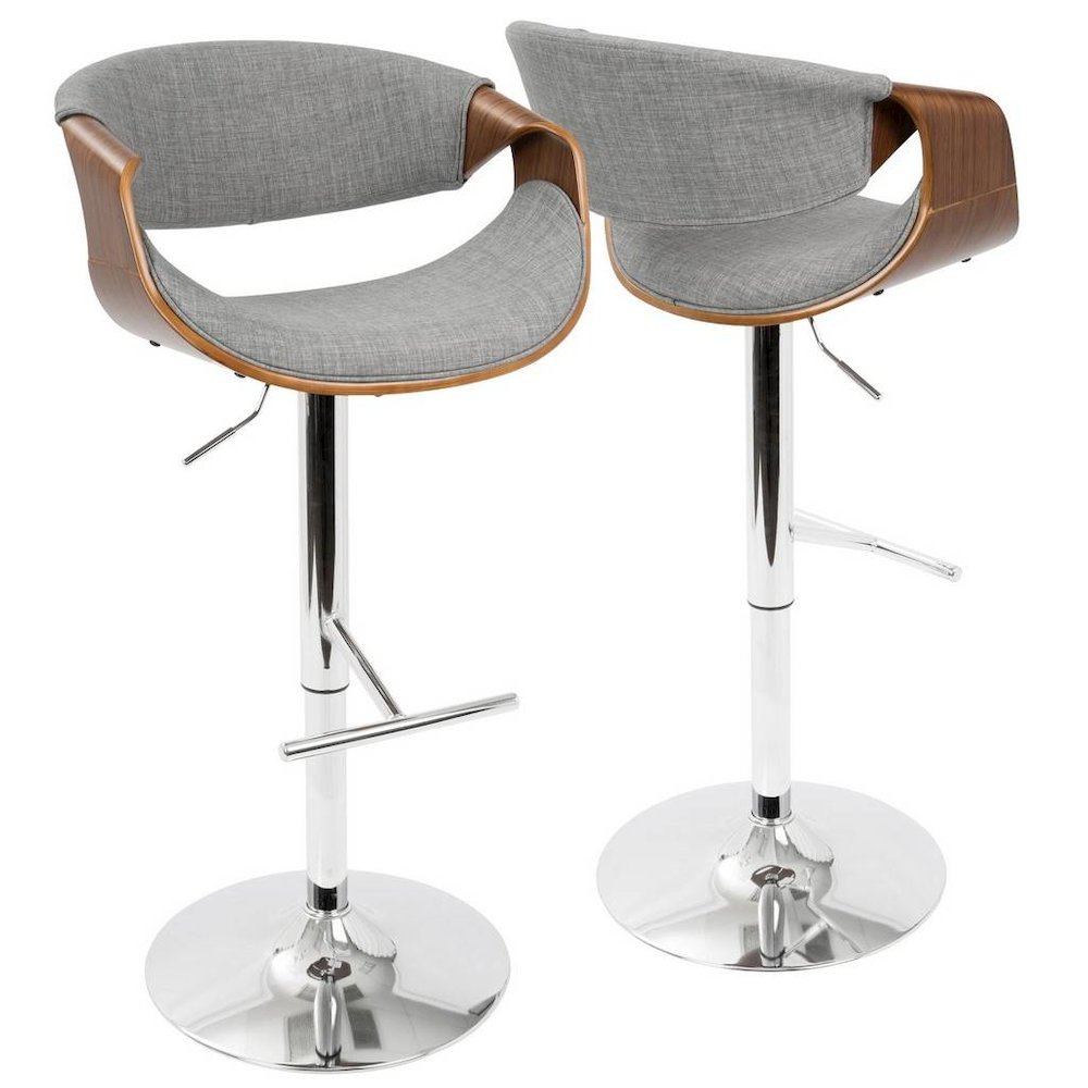 Chrome, Walnut Wood, Light Grey Fabric Curvo Barstool - Set of 2. Picture 1