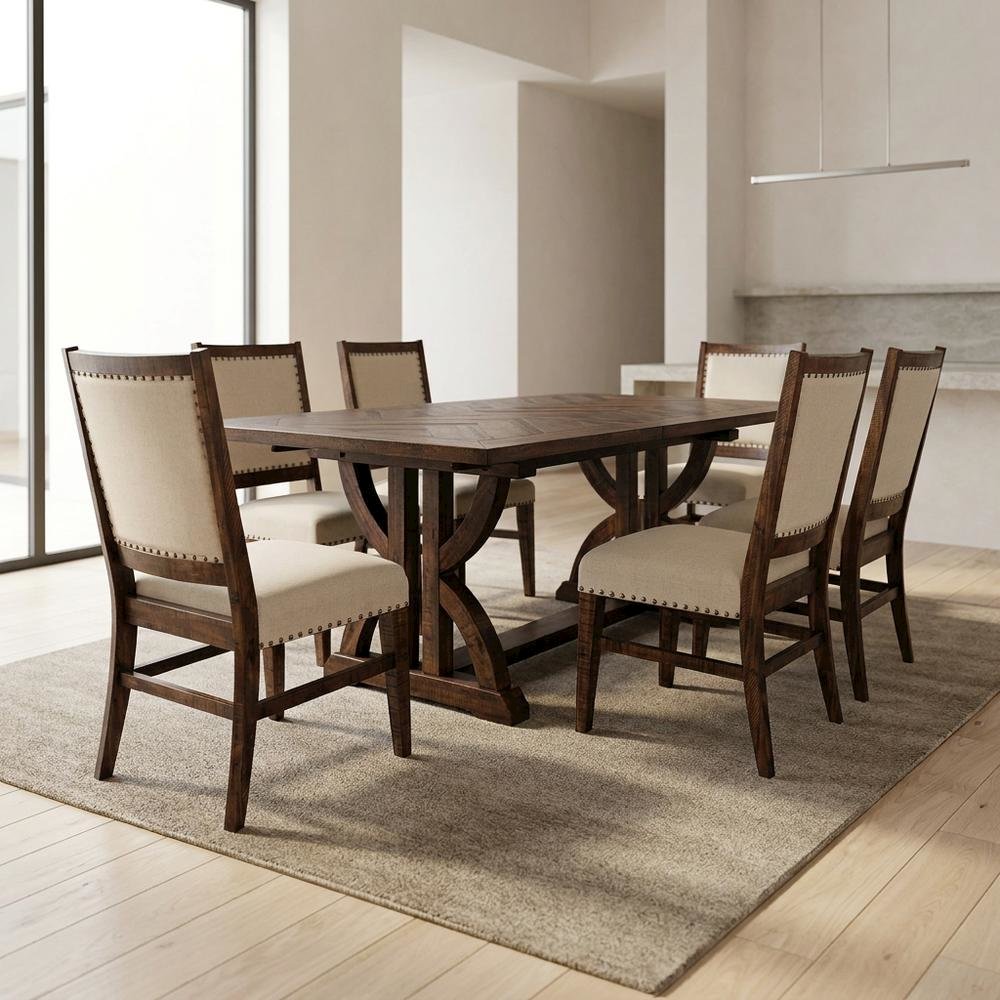Acacia Veneer Farmhouse Dining Table 7-Piece with Upholstered Chairs, Oak. Picture 2