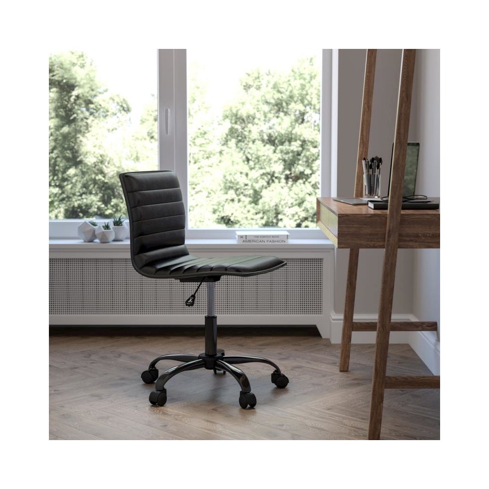 Low Back Designer Armless Black Ribbed Swivel Task Office Chair with Black Frame and Base. Picture 2