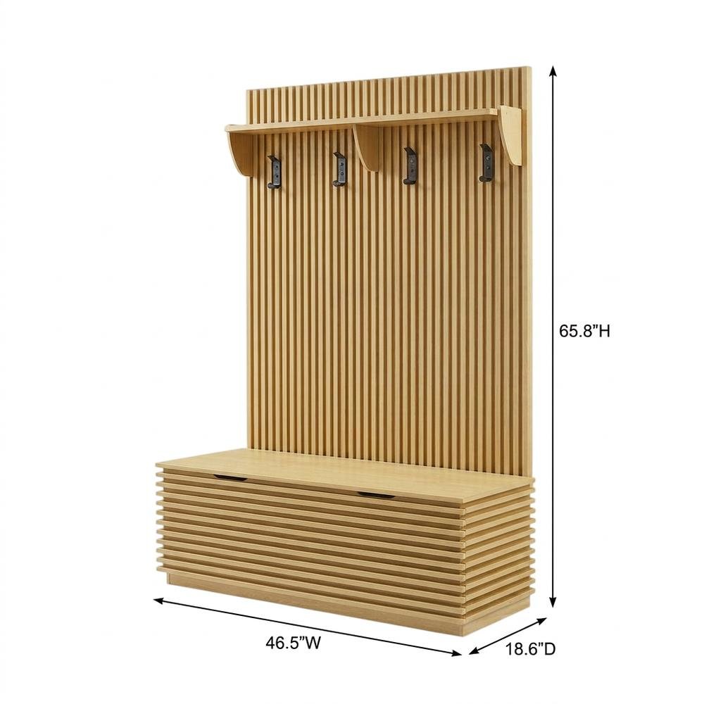 Fluted Hall Tree with Storage Bench, Coat Rack & Shoe Storage, Entryway, Oak. Picture 5