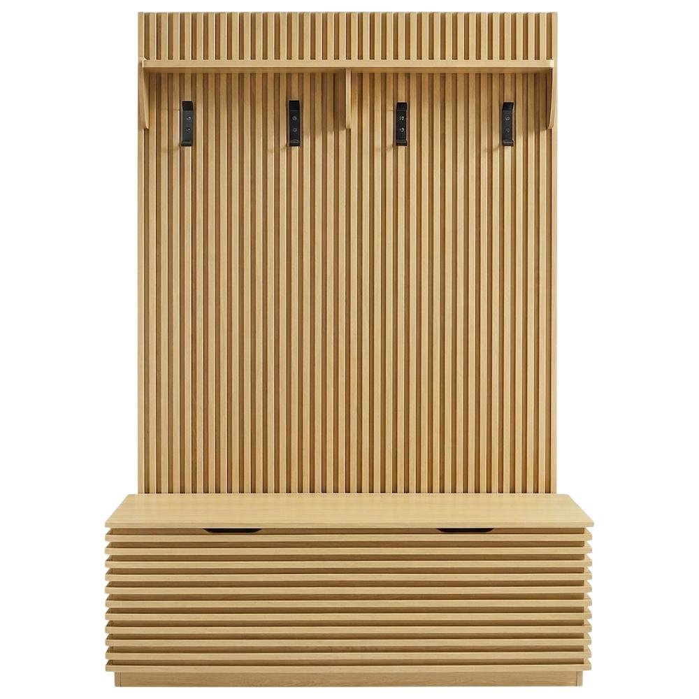 Fluted Hall Tree with Storage Bench, Coat Rack & Shoe Storage, Entryway, Oak. Picture 4