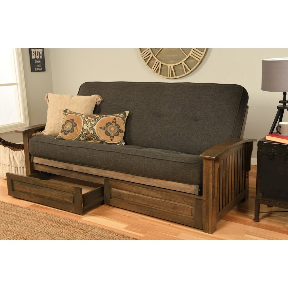 Washington Frame-Rustic Walnut Finish-Linen Charcoal Mattress-Storage Drawers. Picture 2