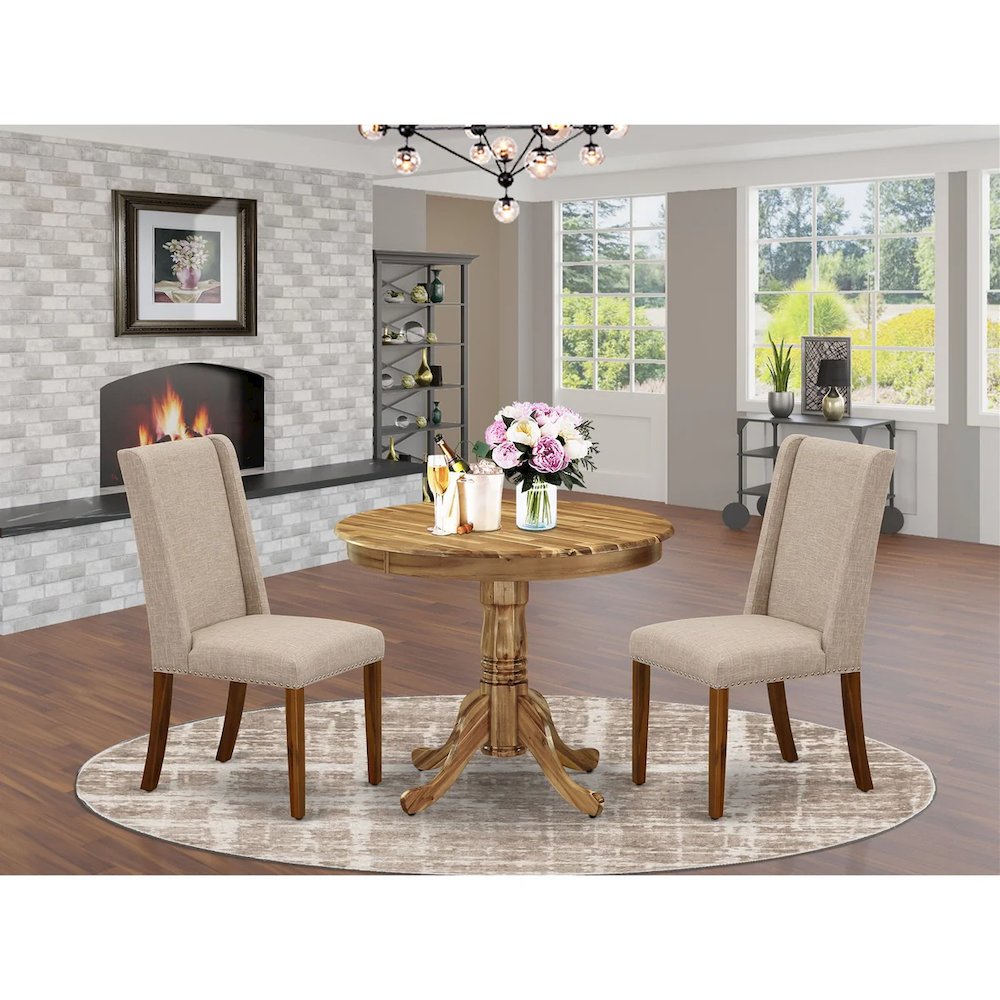3 Piece Kitchen Table Set Contains a Round Dining Room Table with Pedestal and 2 Light Tan Linen Fabric Upholstered Chairs, 36x36 Inch, Natural. Picture 8