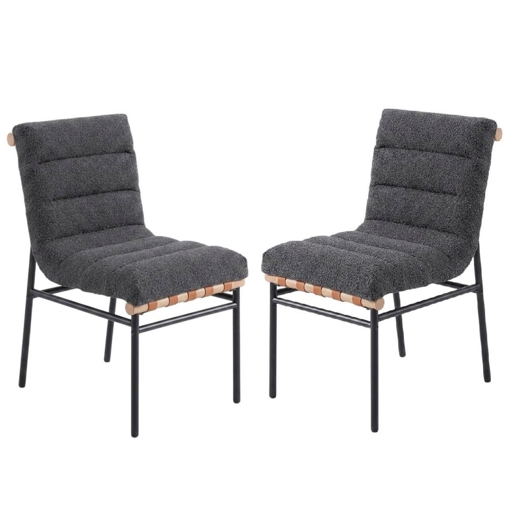 Dark Gray Boucle Fabric Dining Chairs Set of 2 with Black Iron Legs. Picture 1