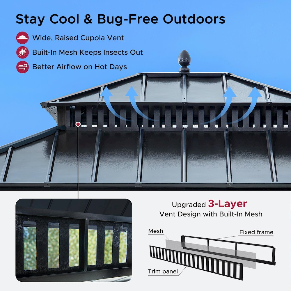 12 ft x 10 ft Hardtop Gazebo with Steel Roof, Woodgrain Aluminum Frame. Picture 6