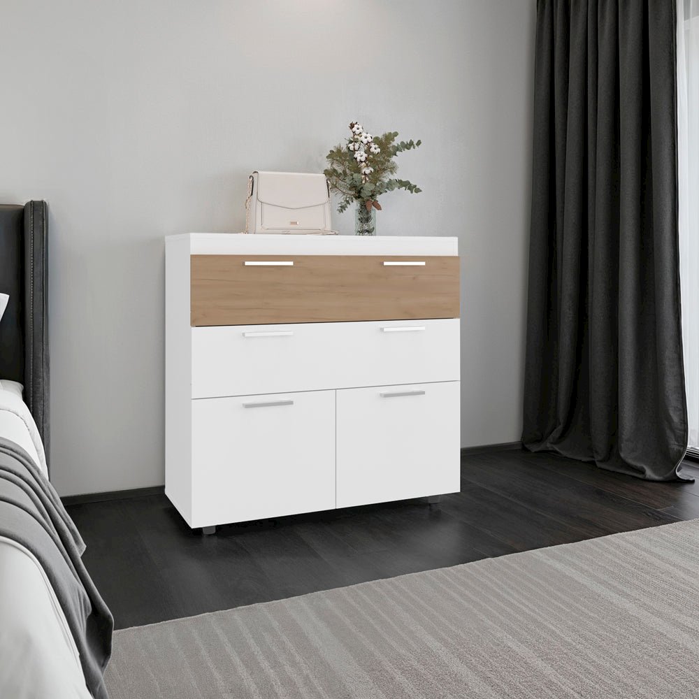 Aldan Modern Dresser with Storage Drawers - White and Beige Wood Finish. Picture 6