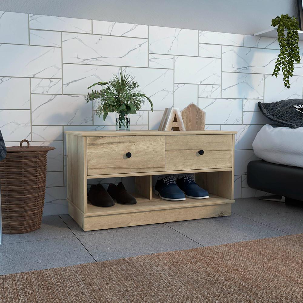 Storage Bench Beji, Lower Shelf, Two Drawers, Light Oak Finish. Picture 1