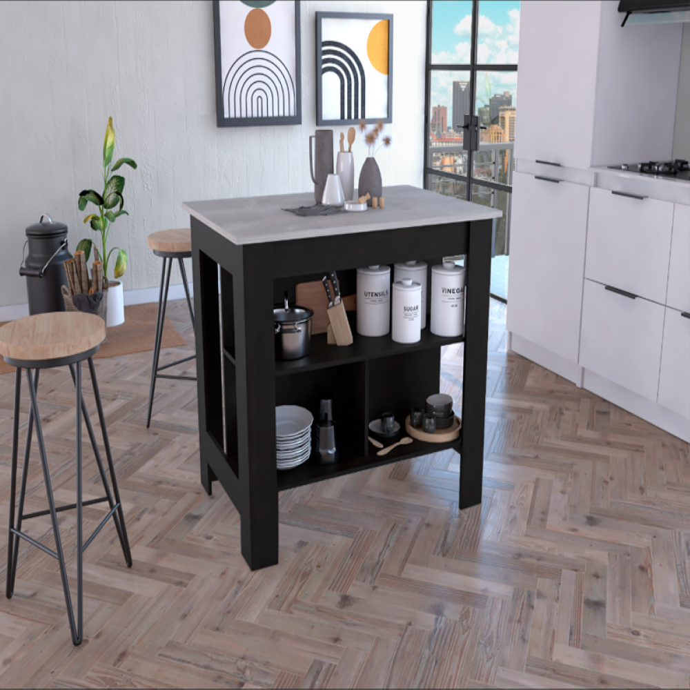Kitchen Island Dozza, Kitchen, Black / Ibiza Marble Color Finish. Picture 1