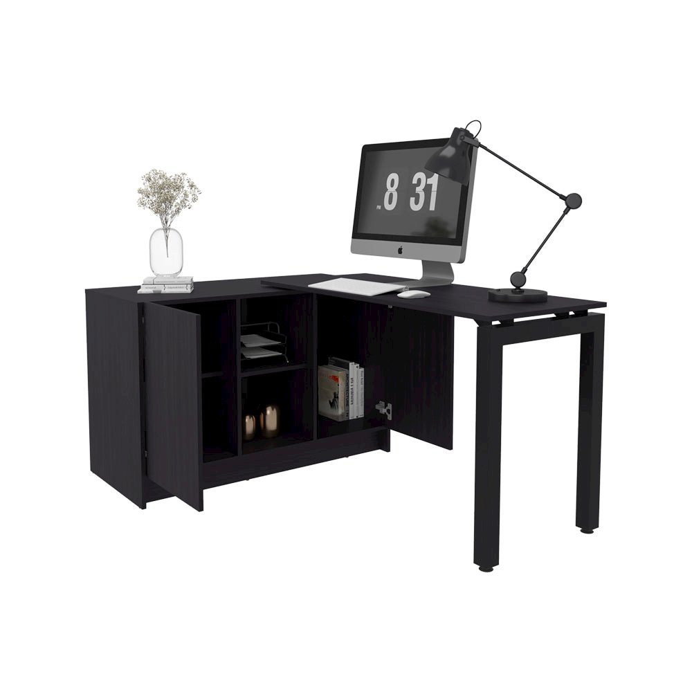Desk Nova, Rotating L-Shaped Desk with Storage Cabinet, 2 Doors, 4 Open Shelves. Picture 4