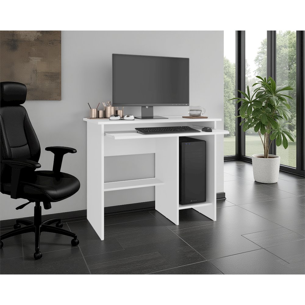 Greenfields Modern Desk with Storage Shelves – White Manufactured Wood Finish. Picture 5