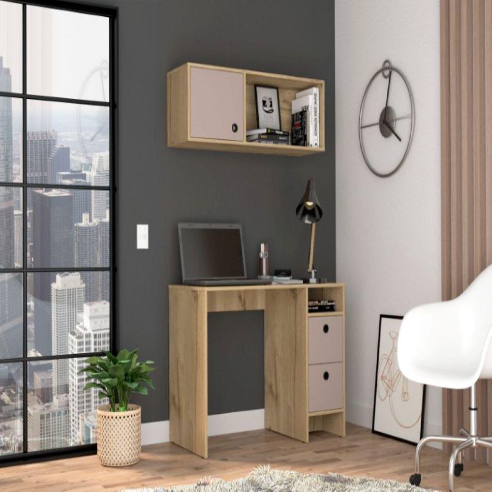 Office Set Budest, Two Drawers, Wall Cabinet, Light Oak Finish. Picture 1