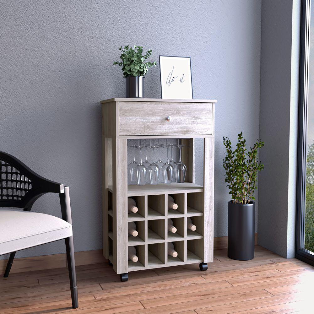 Bar Cart Bayamon, Twelve Wine Cubbies, Four Legs, Light Gray Finish. Picture 1