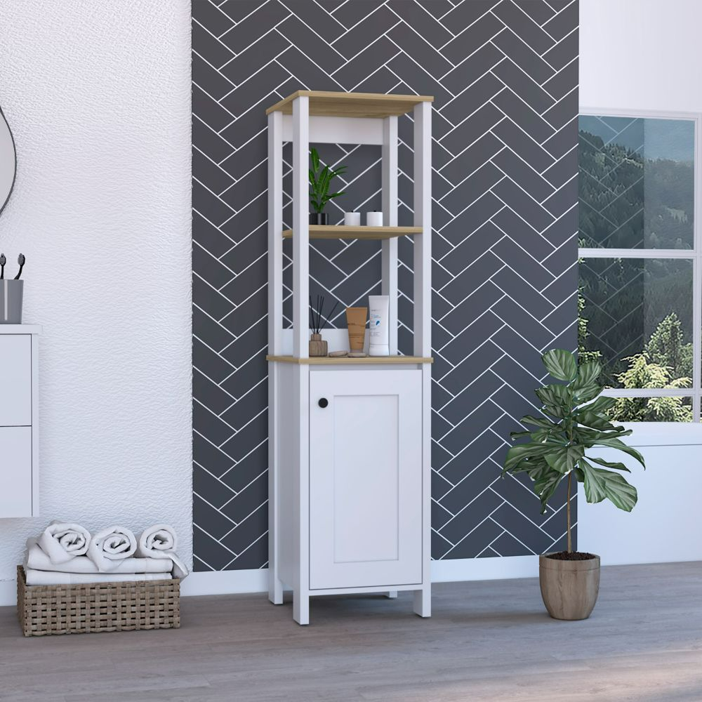 Linen Cabinet Jannes, Two Open Shelves, Single Door, Light Oak / White Finish. Picture 1