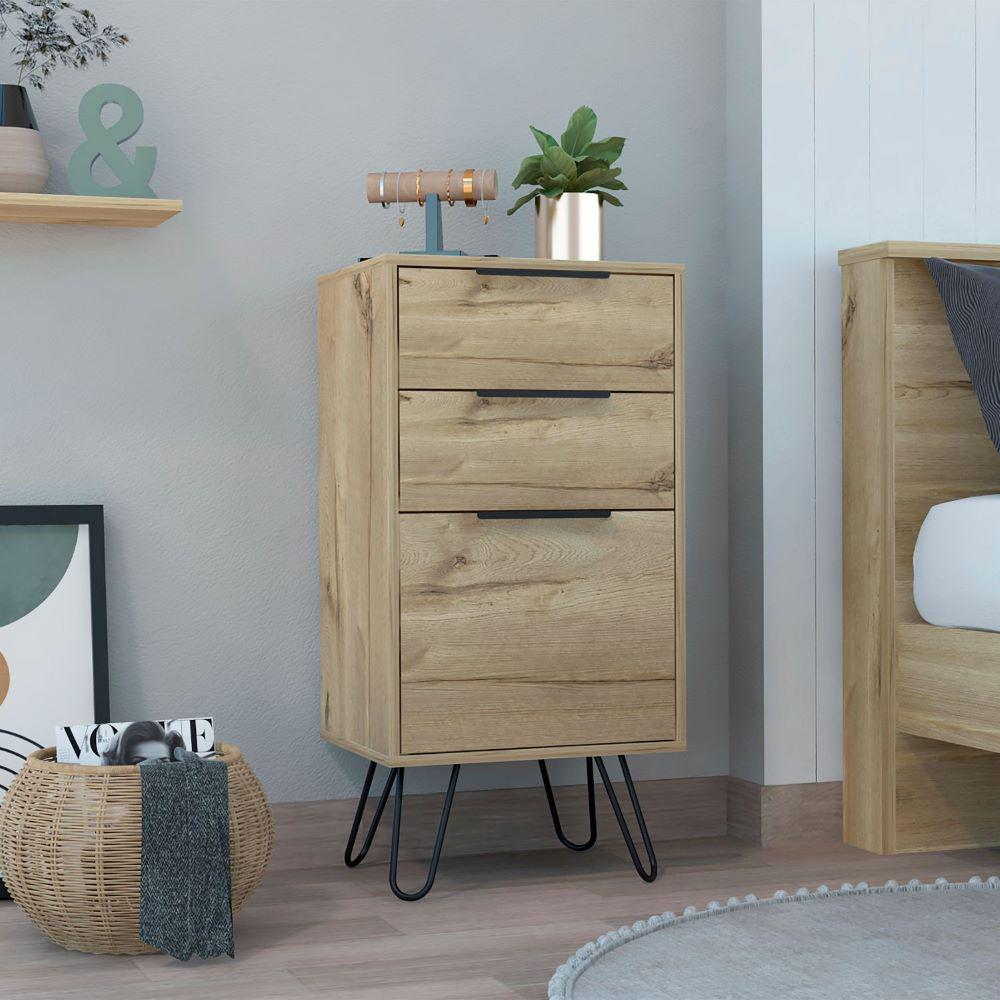 Light Dresser Skyoner, Hairpin Legs, Three Drawers, Light Oak Finish. Picture 1