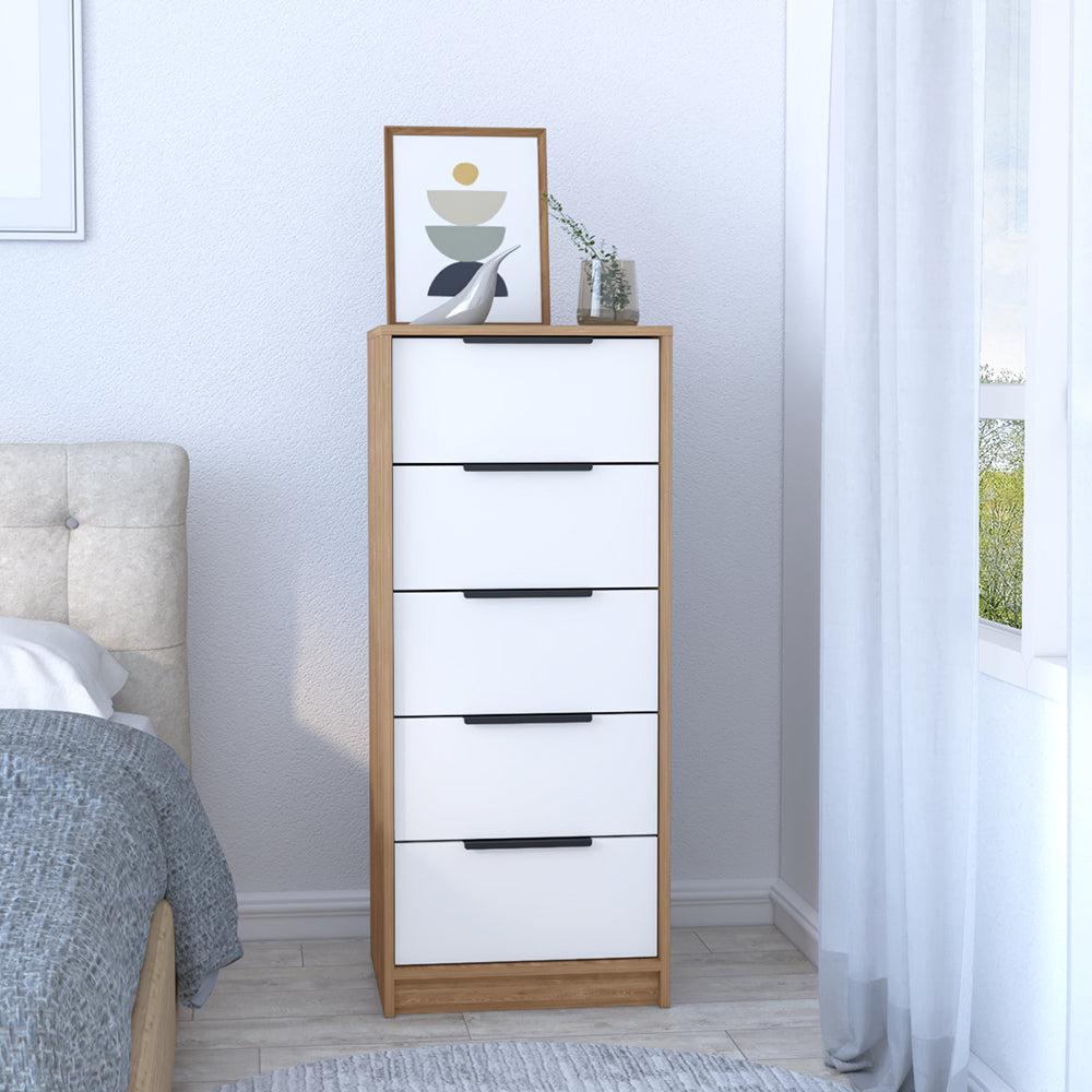 5 Drawers Dresser Maryland, Metal Handle, White / Pine Finish. Picture 1