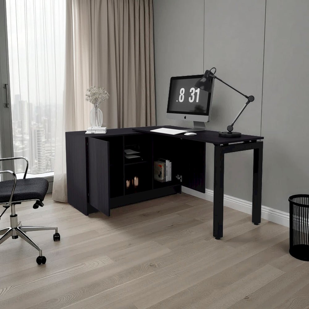 Desk Nova, Rotating L-Shaped Desk with Storage Cabinet, 2 Doors, 4 Open Shelves. Picture 2