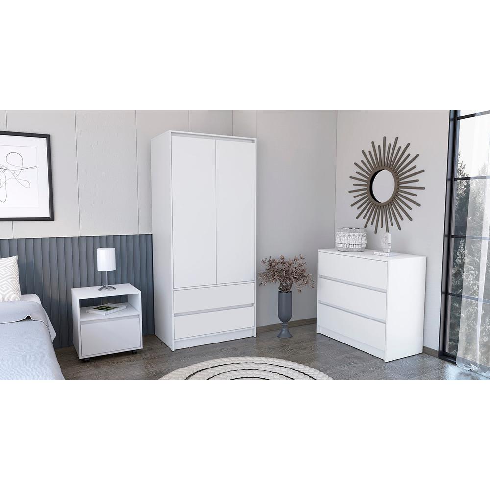 Byers 3 Piece Bedroom Set, Nightstand + Dresser+ Armoire, White Finish. Picture 1