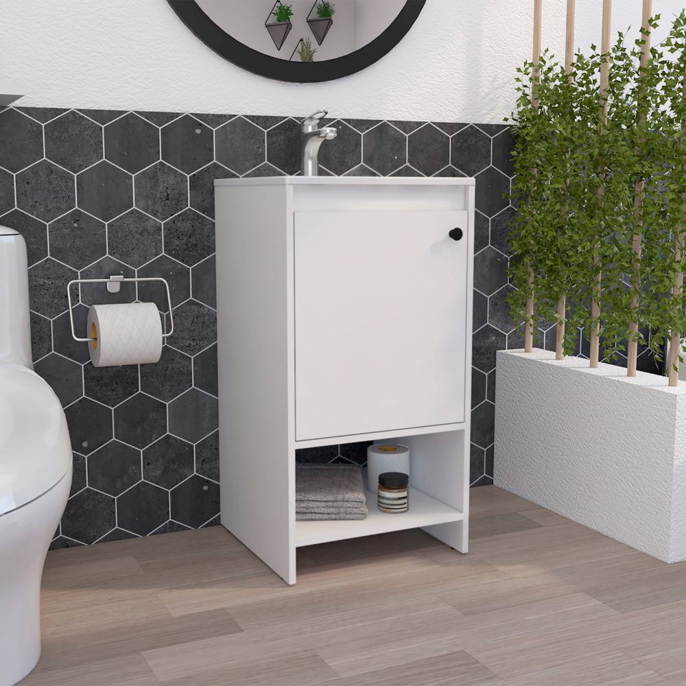 Bathroom Vanity Poket, Single Door Cabinet, Two Shelves, White Finish. Picture 1