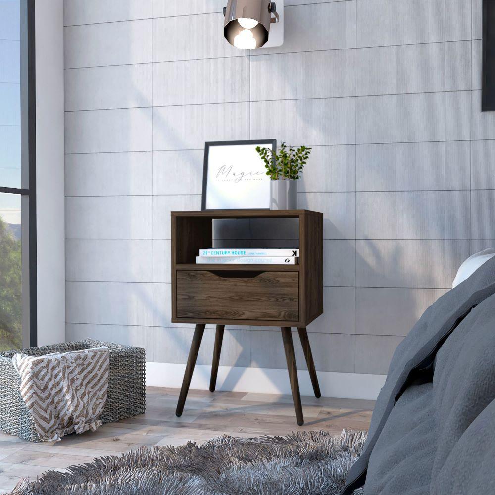 Nightstand  Fugaz, Open Shelf, Single Drawer, Dark Walnut Finish. Picture 1