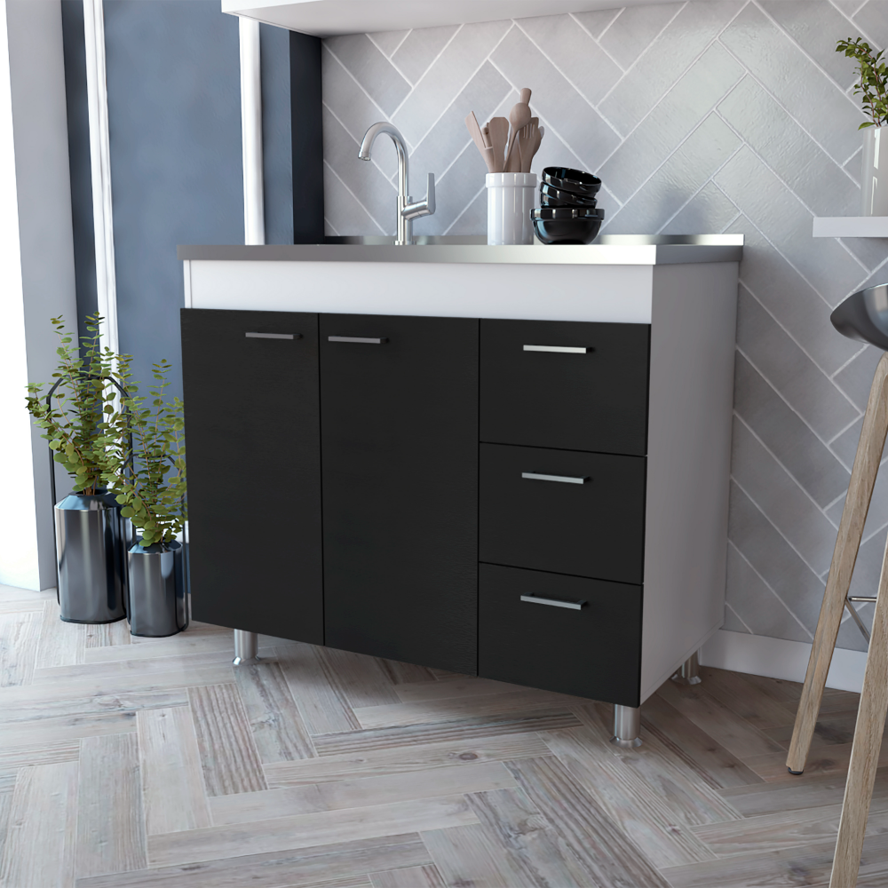Utility Sink  Kisco, Three Drawers, Double Door, White / Black Wengue Finish. Picture 1