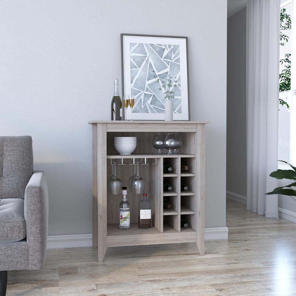 Bar Cabinet Castle, One Open Shelf, Six Wine Cubbies, Light Gray Finish. Picture 1