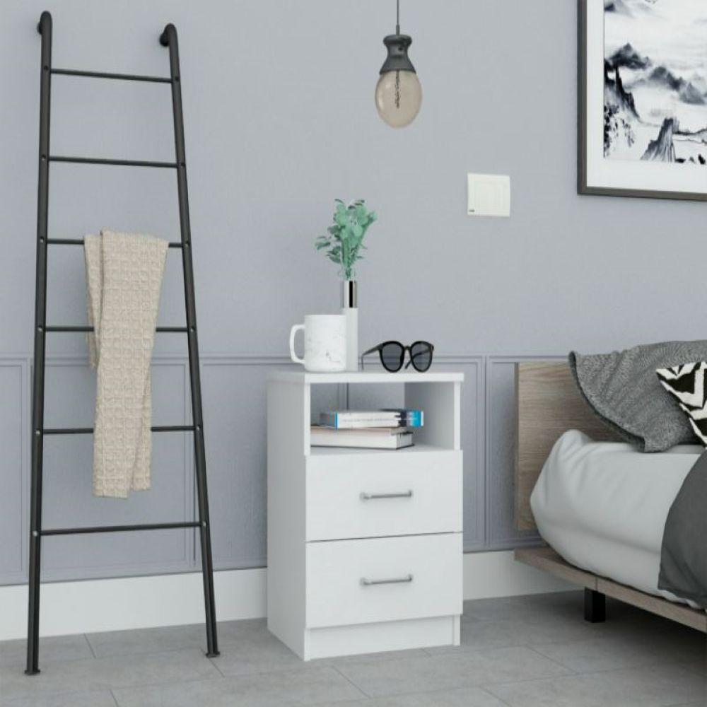 Nightstand Olienza, Two Drawers, One Shelf, White Finish. Picture 1