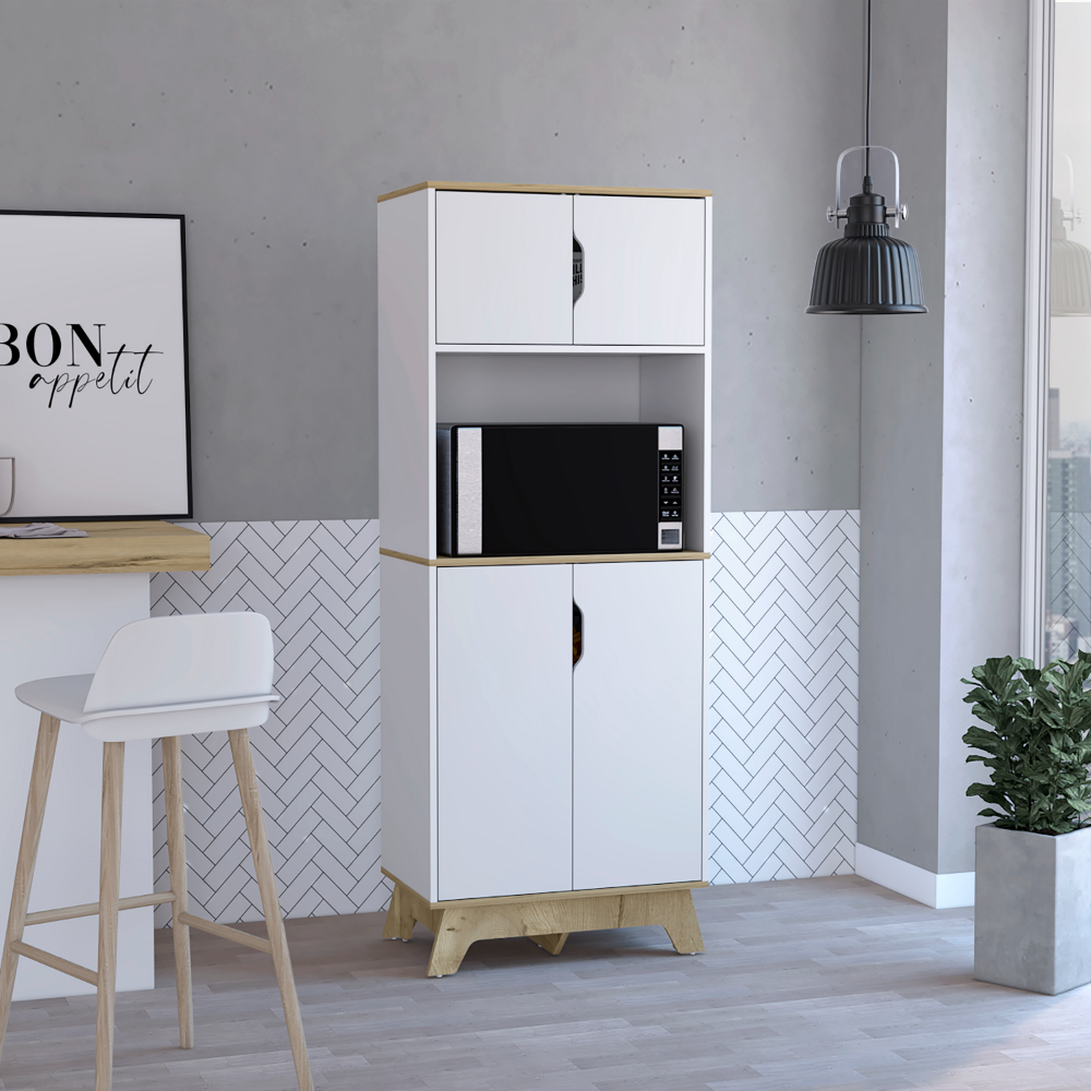 Microwave Tall Cabinet Wallas, Counter Surface, Light Oak / White Finish. Picture 1
