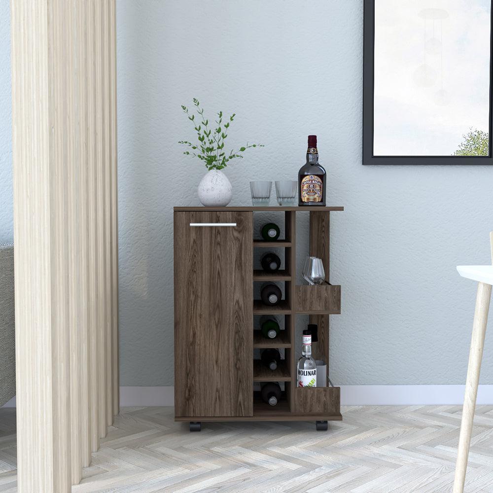 Bar Cart Wells, Four Casters, Dark Walnut Finish. Picture 1