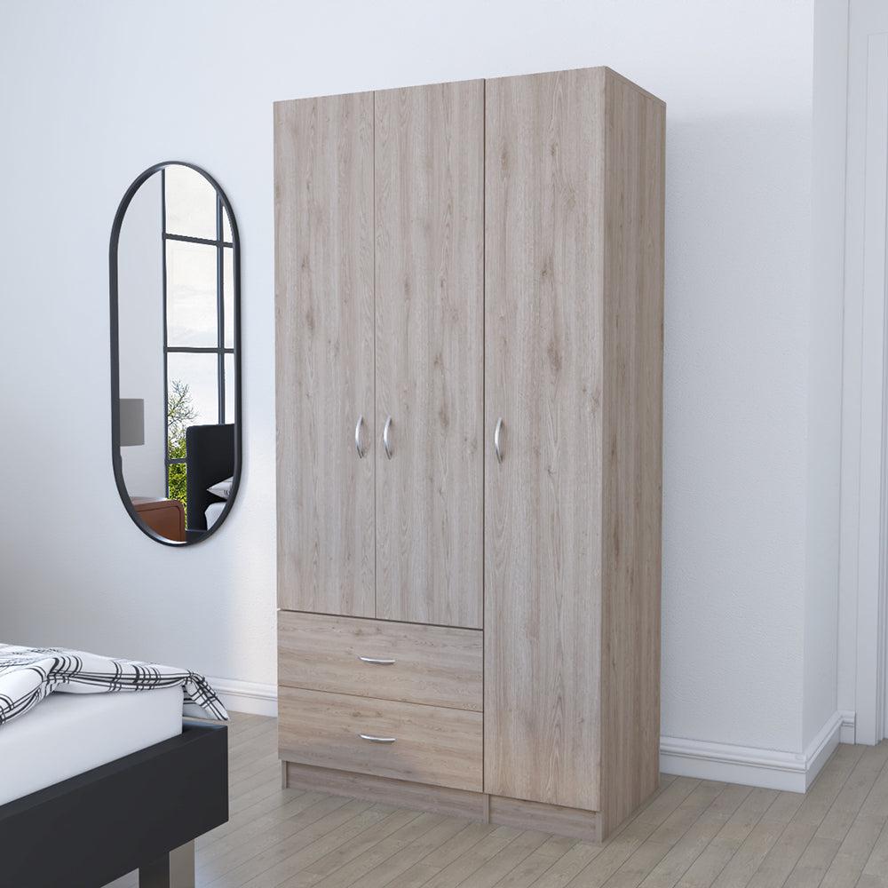 Three Door Armoire Clark, Metal Rod, Light Gray Finish. Picture 1