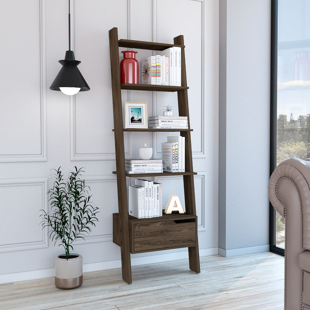 Ladder Bookcase Bull, One Drawer, Five Open Shelves, Dark Walnut Finish. Picture 1