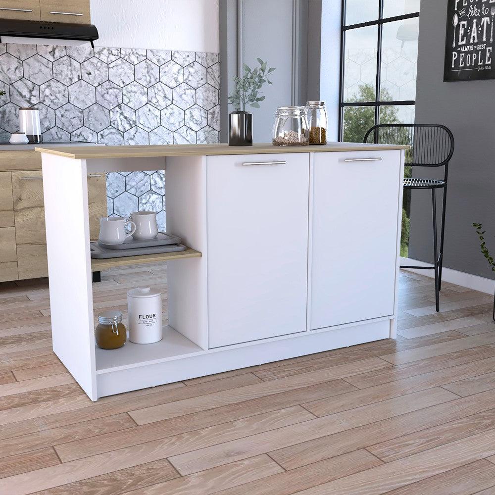 Kitchen Island Padua, Four Open Shelves, Light Oak / White Finish. Picture 1