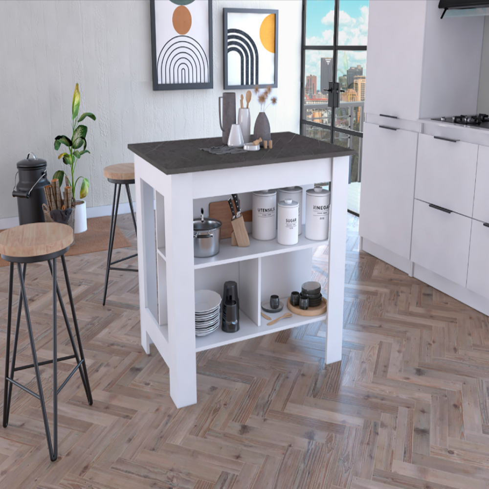 Kitchen Island Dozza, Three Shelves, White / Onyx Finish. Picture 1
