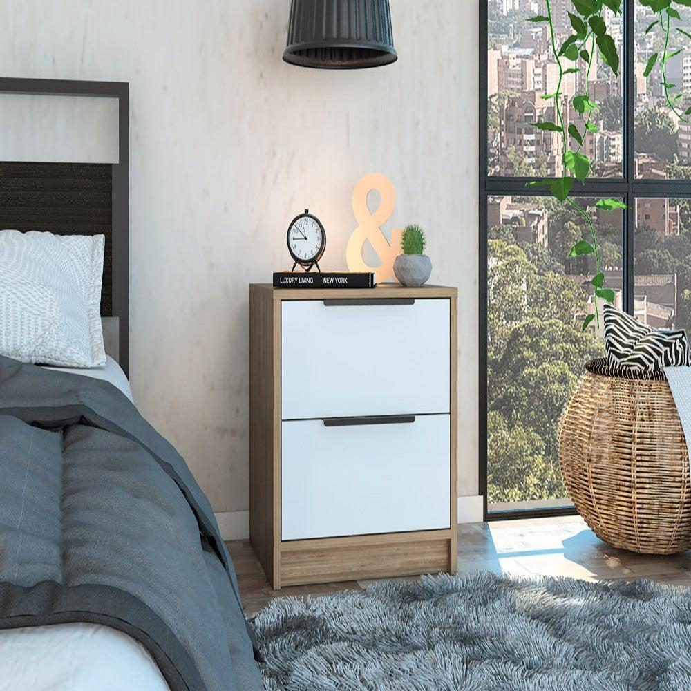 Nightstand Cervants, Two Drawers, Metal Handle, White / Pine Finish. Picture 1