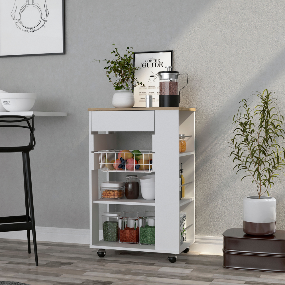 Kitchen Cart Sonex, One Drawer, Two Open Shelves, White / Light Oak Finish. Picture 1