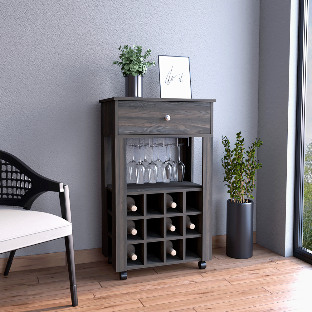 Bar Cart Bayamon, Twelve Wine Cubbies, Four Legs, Carbon Espresso Finish. Picture 1