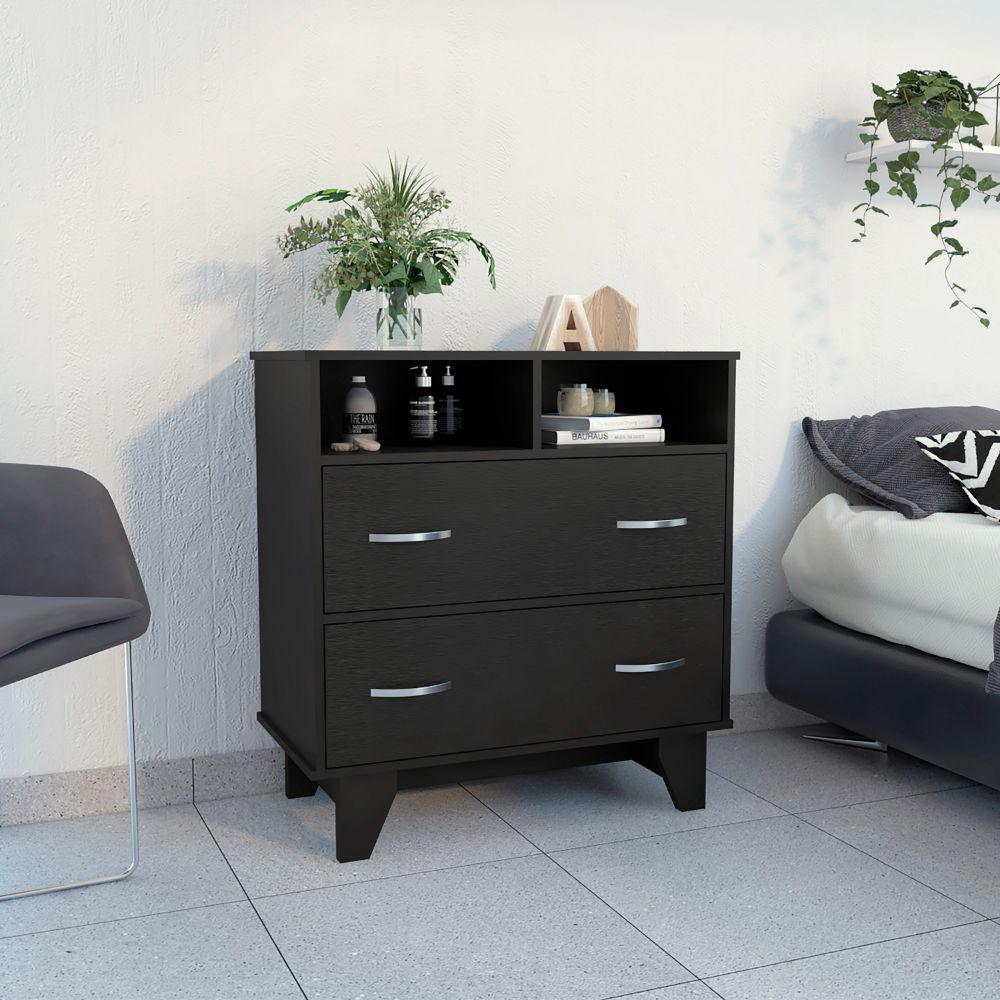 Double Drawer Dresser Arabi, Two Shelves, Black Wengue Finish. Picture 1