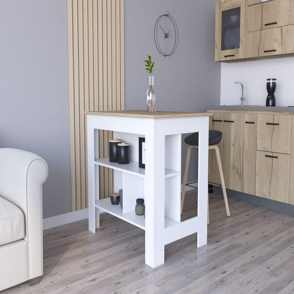 Kitchen Island Dozza, Three Shelves, White / Light Oak Finish. Picture 1