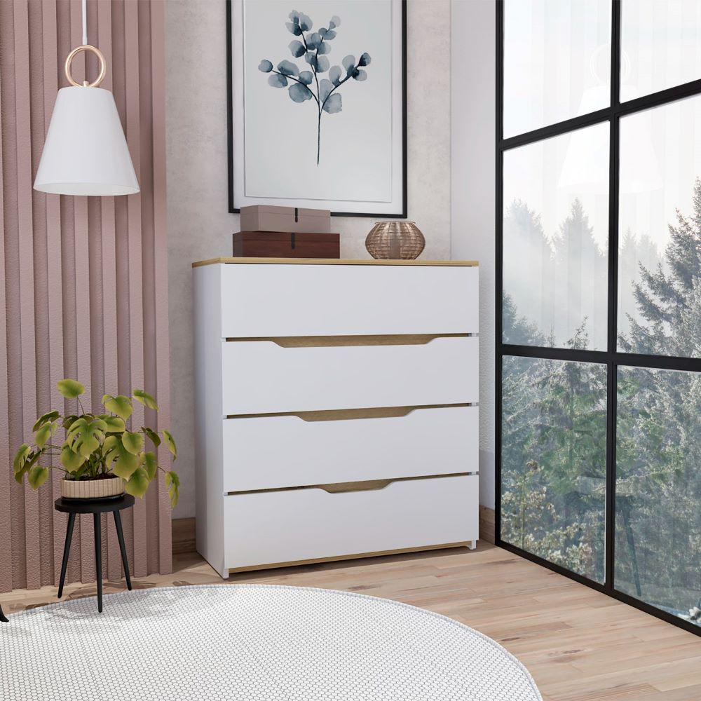 Dresser Oboe, Superior Top, Four Drawers, White / Light Oak Finish. Picture 1