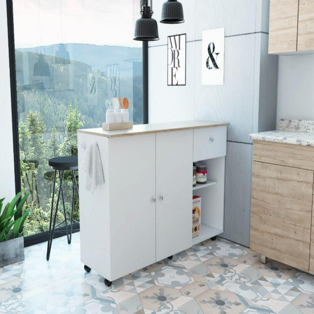 Kitchen Island Cart Indiana, Four Interior Shelves, White / Light Oak Finish. Picture 1