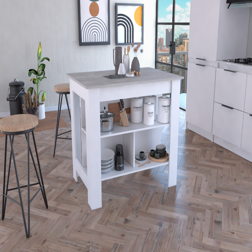 Kitchen Island Dozza, Kitchen, White / Ibiza Marble Color Finish. Picture 1